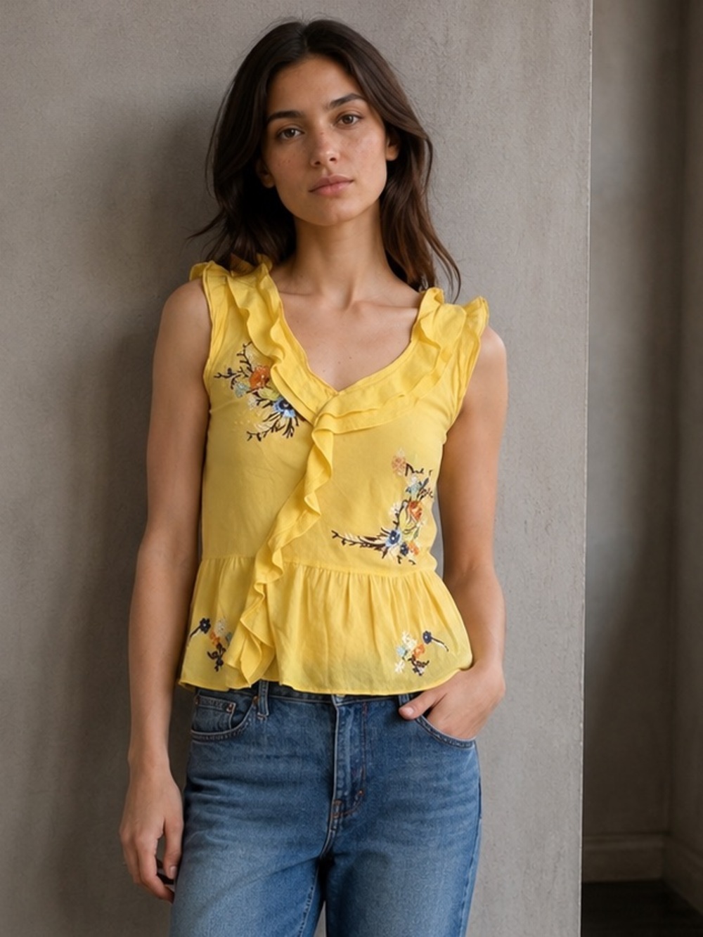 Yag Couture Yellow Embroidered Floral Ruffle Summer Sleeveless Blouse